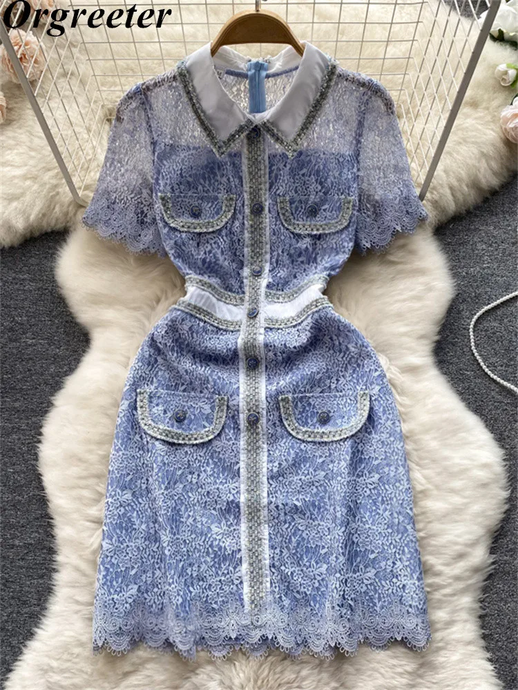 

Elegant Dresses For Women 2022 High Quality Print Lace Summer Dress Vestidos Tweed trim Single-breasted Slim Bodycon Dress