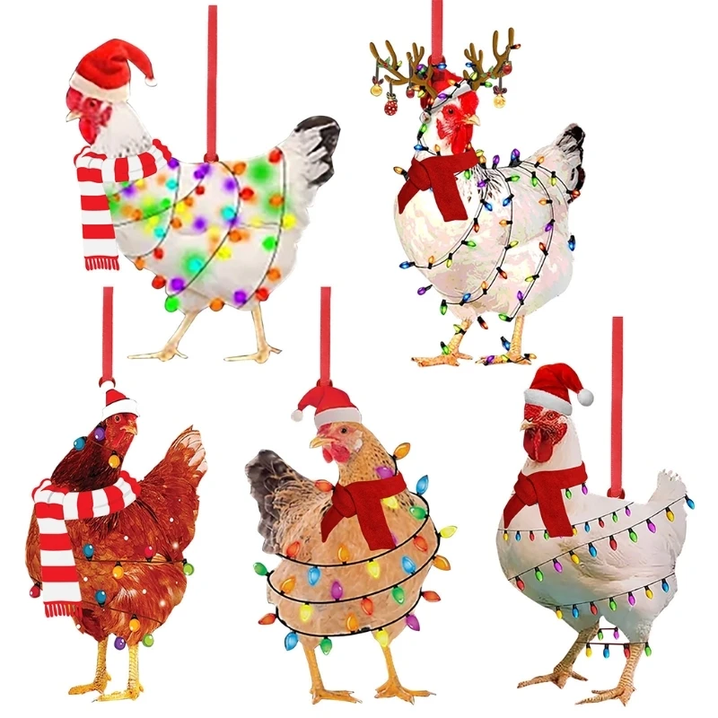 

Christmas Scarf Chicken Holiday Decoration Wooden Pendant 5Pcs for Xmas Tree