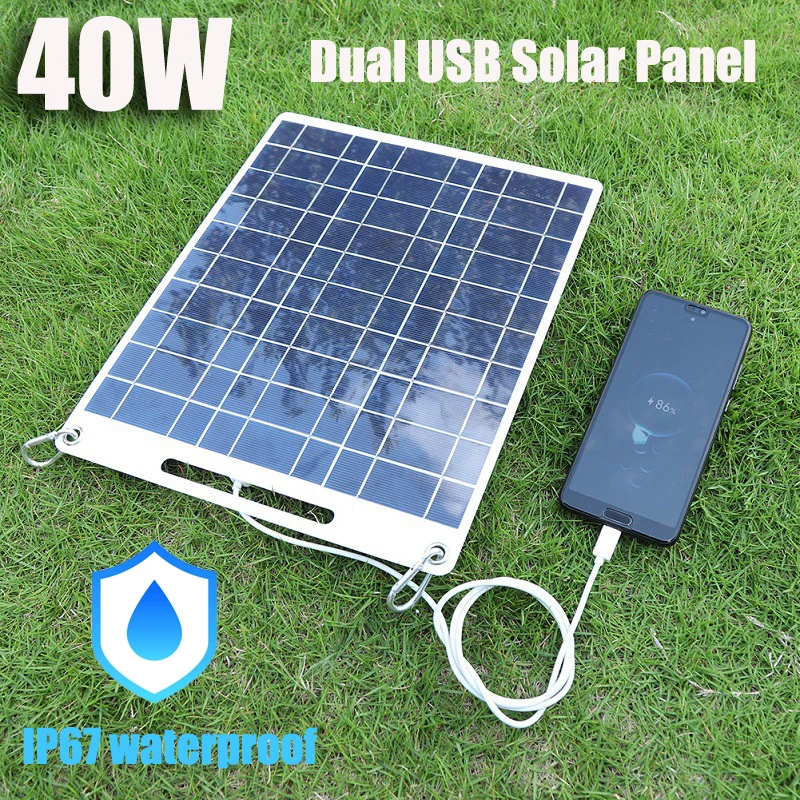 40W Solar Panel 5V Dual USB Polysilicon Portable Outdoor Waterproof Solar Cell Car Ship Camping Hiking Travel Cell Phone Charger