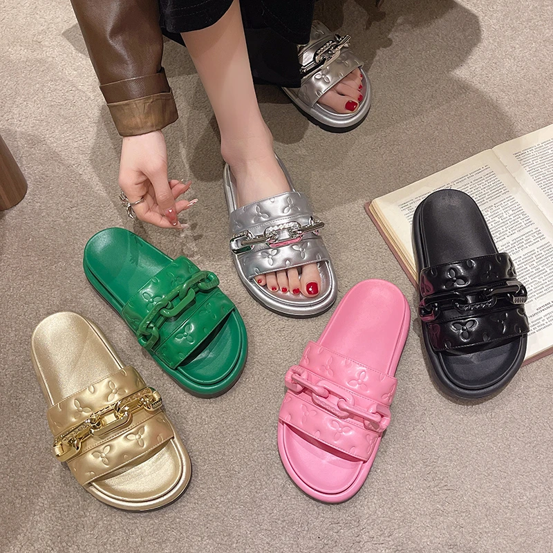 Luxury Women's Slippers Outdoors Fashion Beach Summer Sandals Hook & Loop Rubber Bottom Relief Print Ladies Shoes 2023