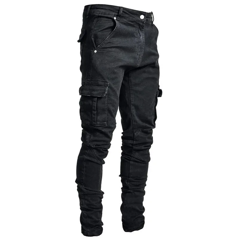 Jeans Men Fashion Multi-Pocket Cargo Pants Blue High Street Slim Pencil Pants Hight Quality Black Streetwear Jeans For Men