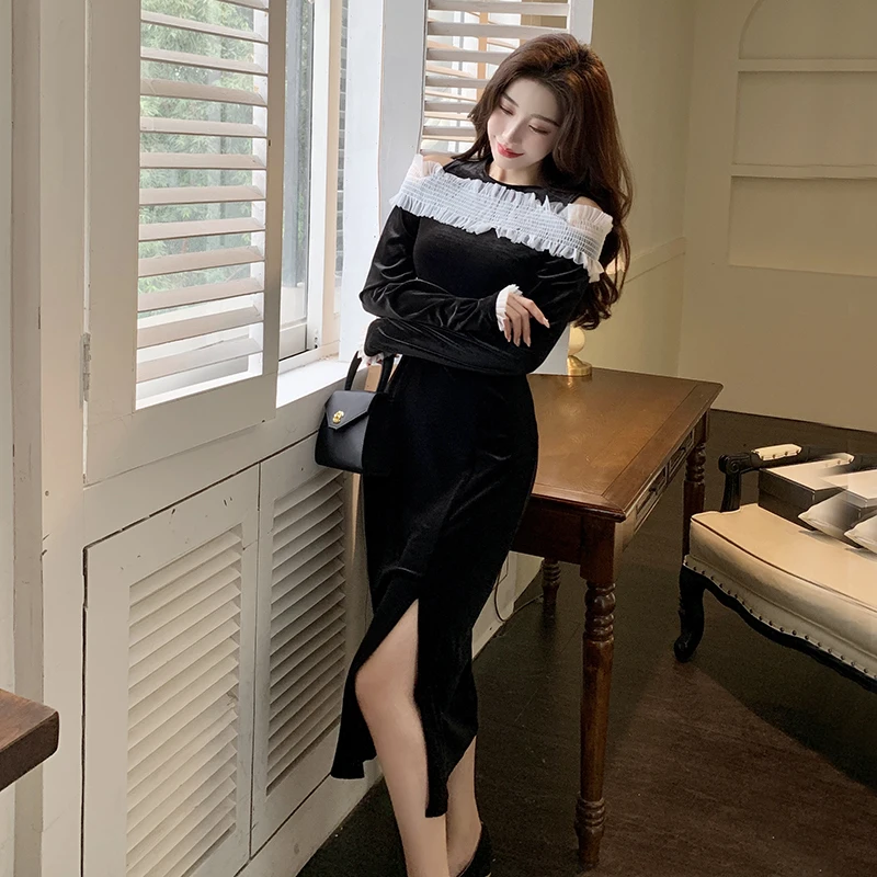 

High Street Patchwork Corduroy Dresses for Women 2022 New In Korean Empire Casual Autumn Slim Fit Party Dress Split Long Sleeve