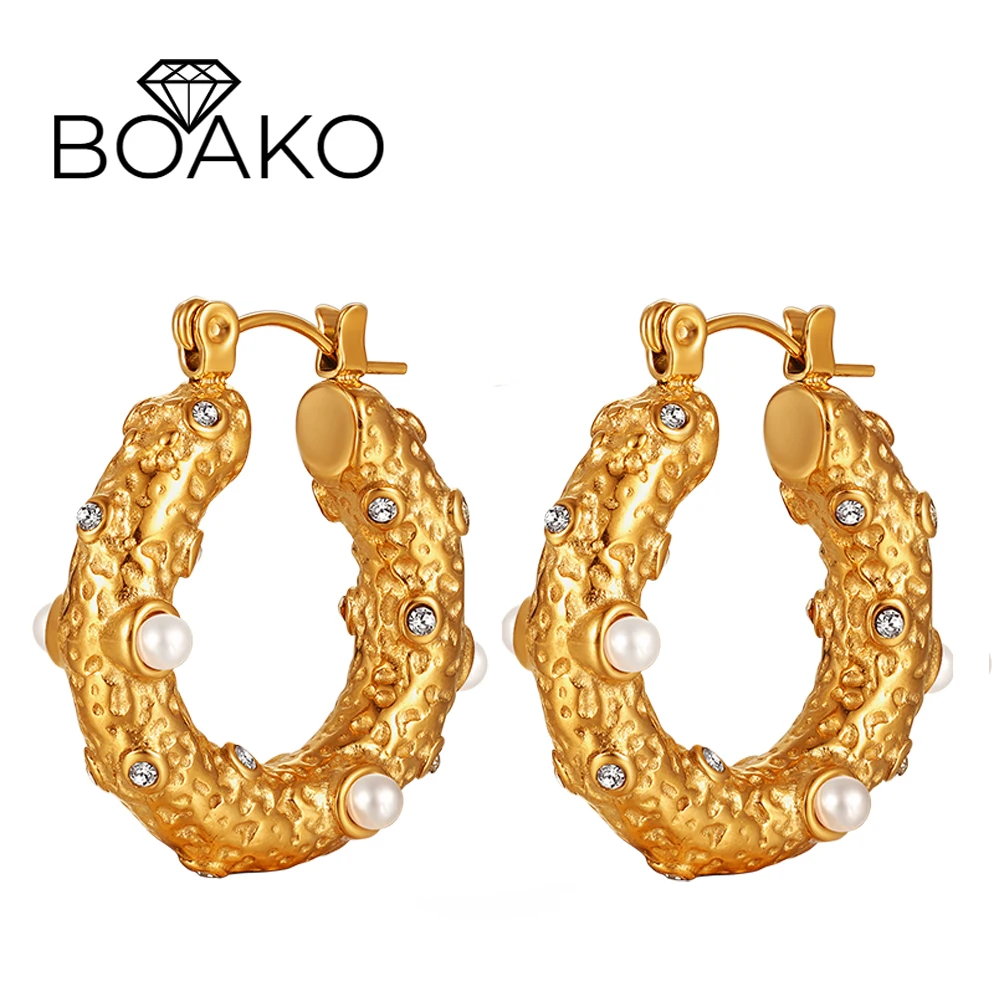 

BOAKO Modern Circel Earrings 316L Stainless Steel PVD Inlaid Mirco Zircon Pearl Earring For Women brincos oorbellen pendientes