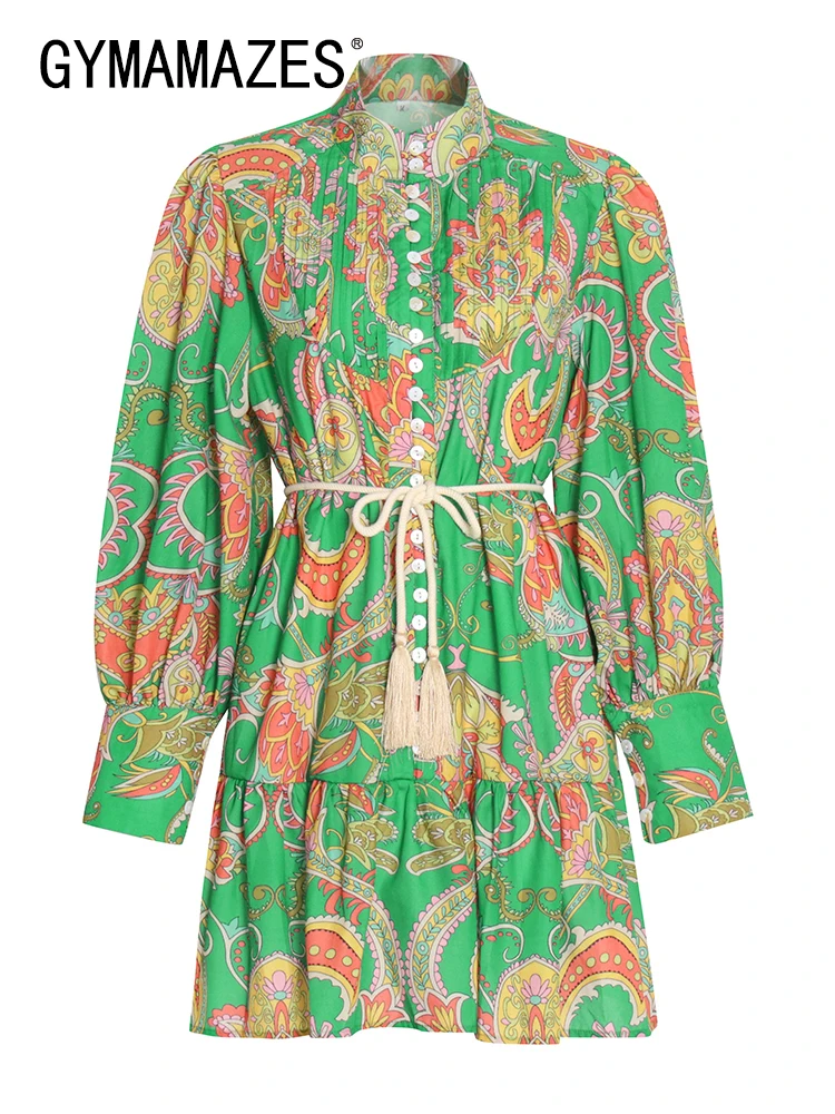 

GYMAMAZES Vintage Colorblock Dresses For Women Stand Collar Lantern Sleeve High Waist Print Dress Females Summer Clothing Style