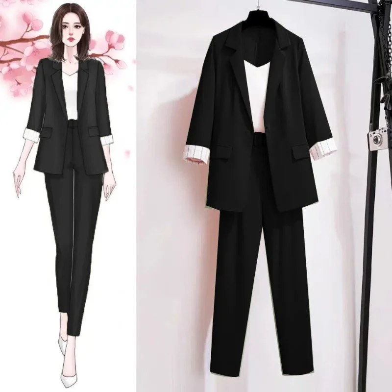 2023 New Spring Plus Size Korean Elegant Women's Suit Female Blazer Leisure Pants Tweed Suit Jacket Three Piece Jacket Pants Set