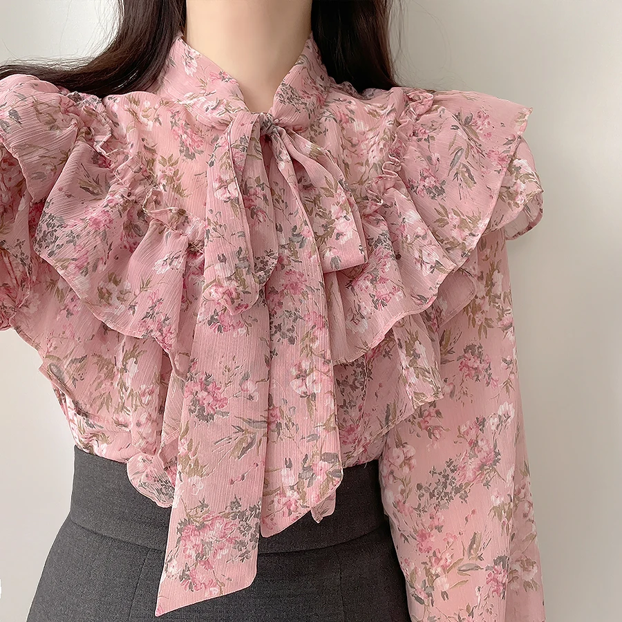 

Винтажные рубашки с длинным рукавом, однобортная Милая женская рубашка на пуговицах с бантом в корейском и японском стиле, шикарные розовые...