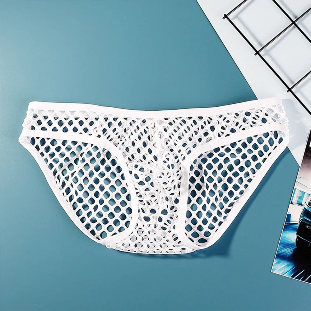 Seksowne męskie majtki bikini z niskim stanem geje siatkowa pusta bielizna U wypukła etui figi Sissy pokusa kalesony