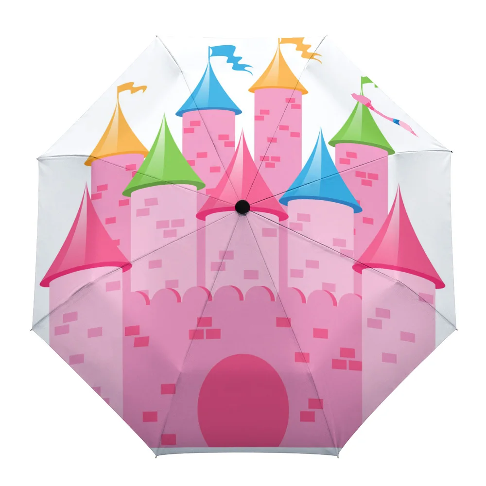 

Castle Pink Flag Building Cartoon Rain Foldable Umbrella for Women Males Eight Strands Sunny Umbrella Fully-automatic Umbrella