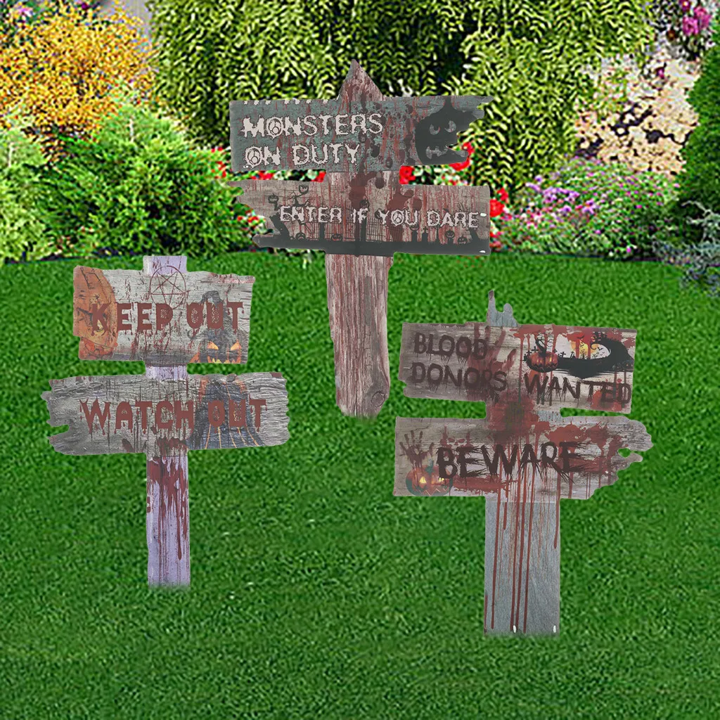 

Christmas Lawn Props Signs Beware Decor Scary Party Yard 3PCS Decorations Halloween Supplies Stakes on Tape Right to Left