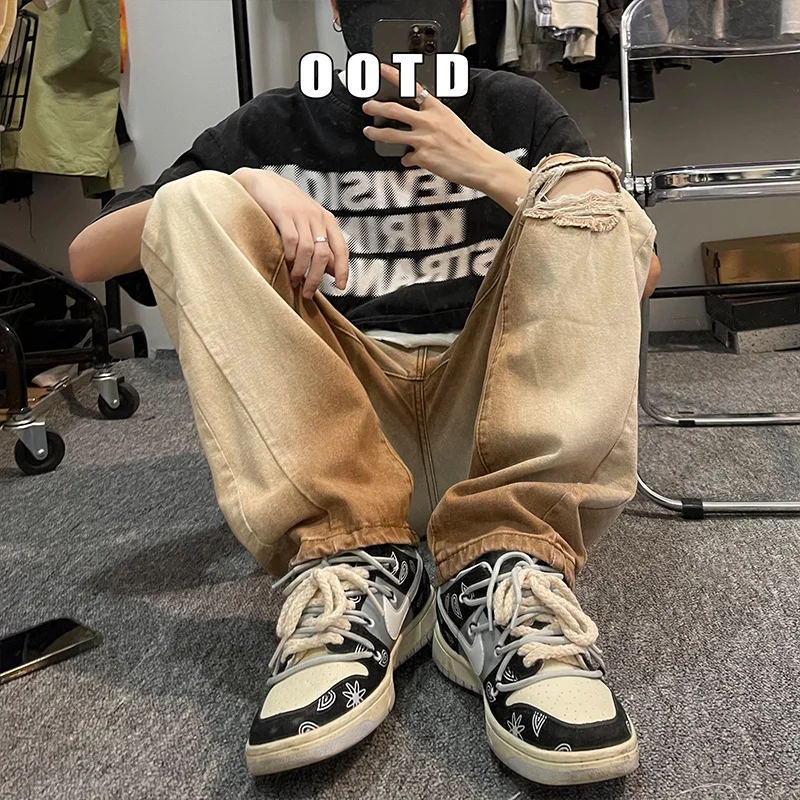 Brown Ripped Baggy Jeans Men Fashion Casual Straight Jeans Men Streetwear Loose Hip Hop Hole Denim Pants Mens Trousers S-2XL