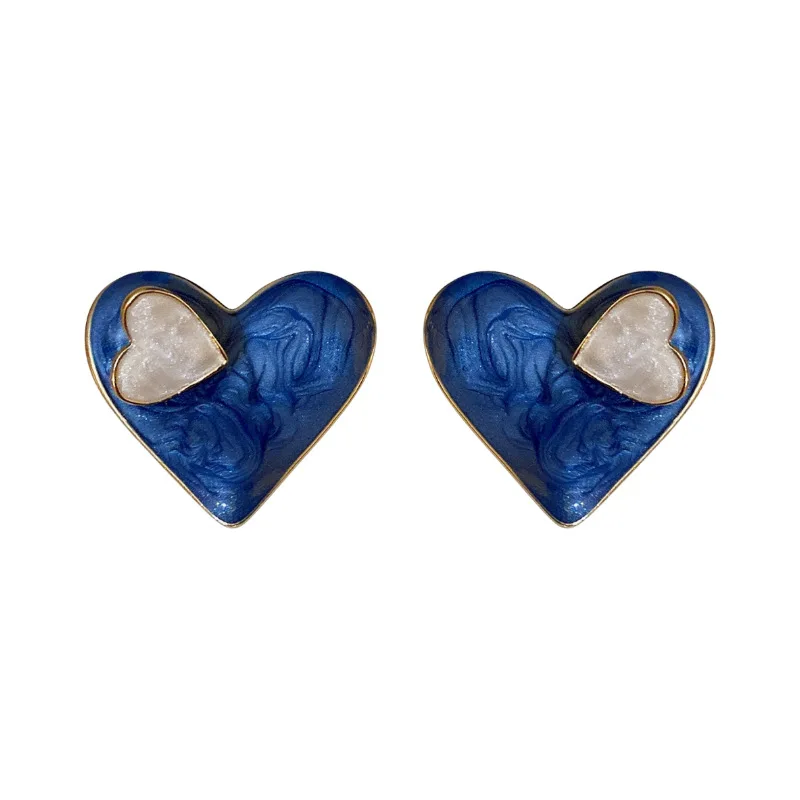 Fashion Double Blue Love Heart Stud Earrings for Women Girls Korean Wedding Party Statement Enamel Jewelry Lady Friendship Gift