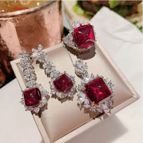 

Red tourmaline sugar tower full diamond pendant female earrings open ring set