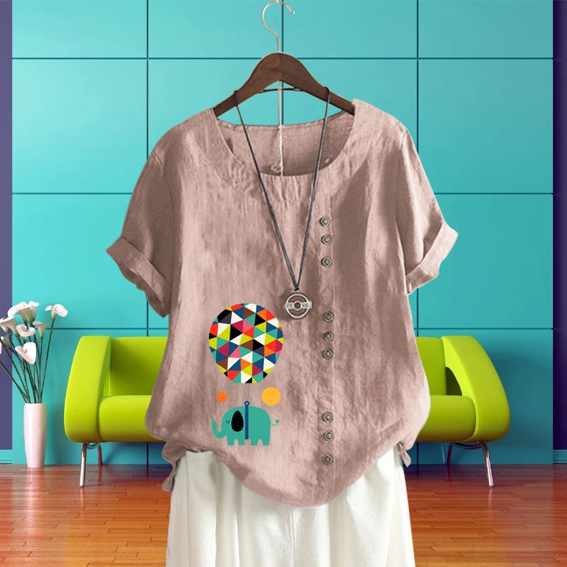 

Women's Clothing O Neck Short Sleeve Elephant Hot Air Balloon Pattern Pullover T Shirt Round Neck Summer Top Loose Linen Shirt
