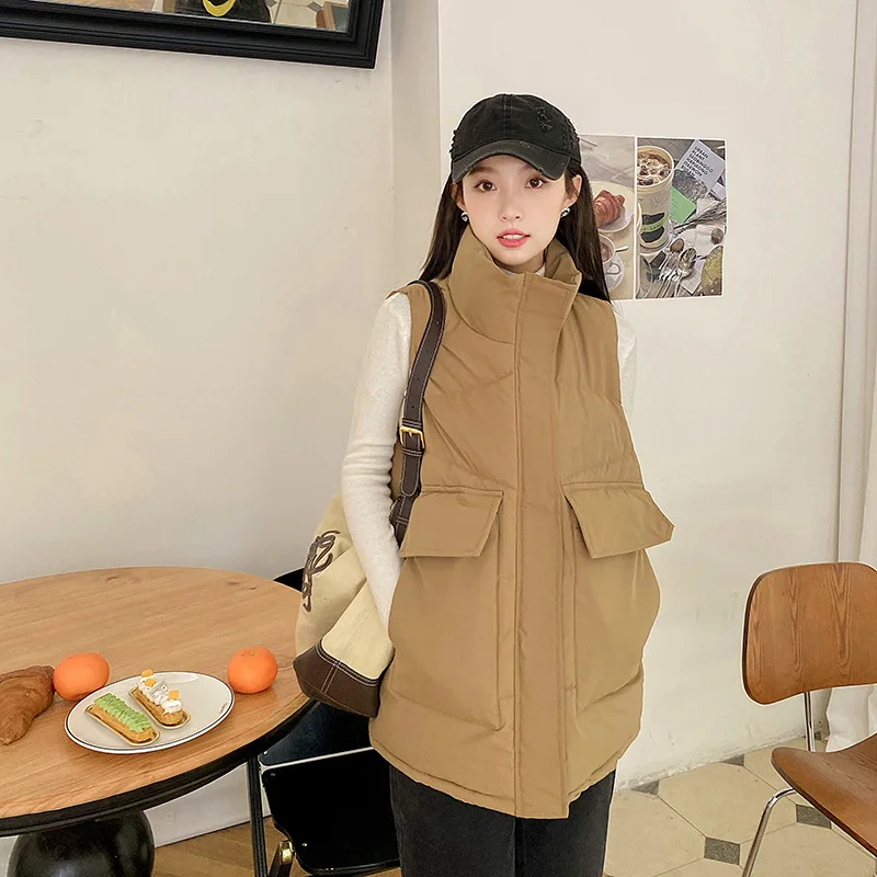 

2023 Korean Down Cotton Vest Women's Short Autumn and Winter Loose Outerwear Cotton Vest with Large Pockets Cotton Vest