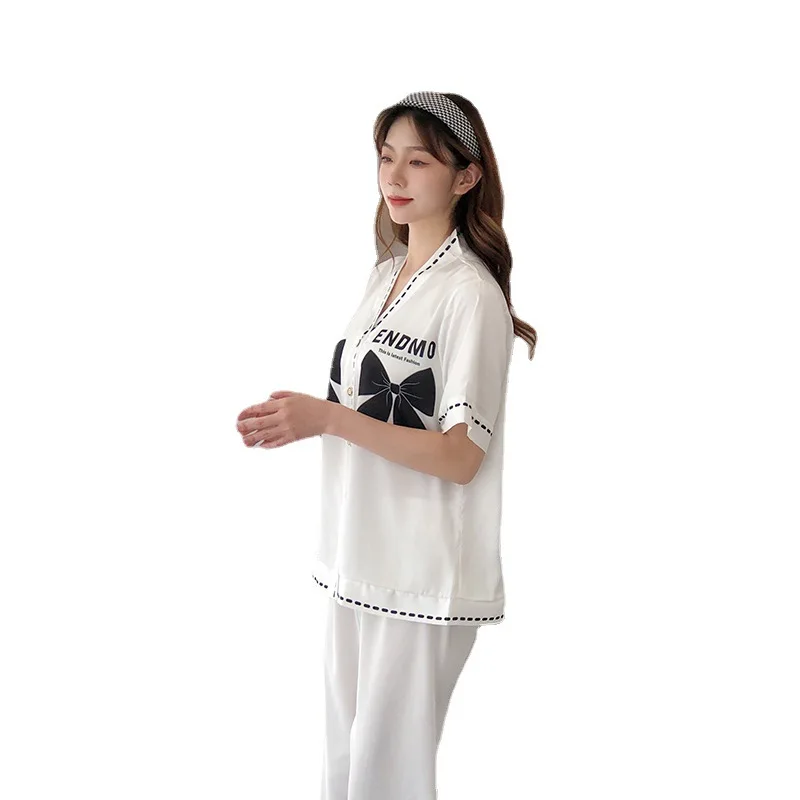 New pajamas women summer ice silk long-sleeved cardigan suit spring and autumn thin section plus size trousers home service