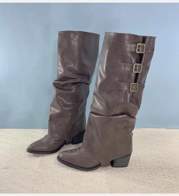 Винтажные ковбойские сапоги в стиле вестерн на толстом каблуке с заклепками