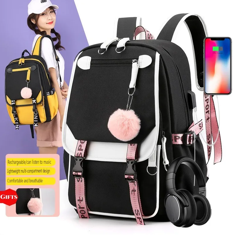 Large Capacity School Bags for Teenage Girls USB Headphone Port Design for Men Go Hiking Laptop Case 20-35L Outdoor Rucksack