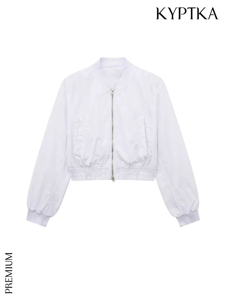 

KYPTKA Women Fashion With Pockets Cropped Bomber Jacket Coat Vintage Long Sleeve Front Zipper Female Outerwear Chic Tops