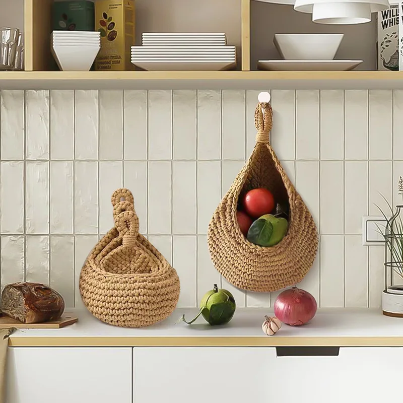 

Cotton Rope Manual Woven Basket Multifunction Wall Mounted Fruits Basket Plant Decor Pot Home Kitchen Vegetable Decor Organizer