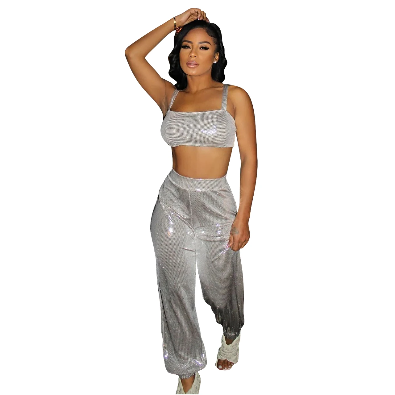 New Arrivals Summer Women Two Pieces Set Stamping Fabric Sparkle Pants Outfits Nightclub Streetwear Crop Top Lady Clothes images - 6