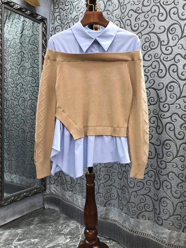 

2022 new women fashion long-sleeved sexy fake two-piece shirt stitching wool irregular high-end knitted top 825
