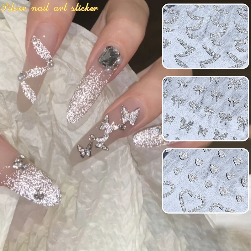 Наклейки для ногтей со сверкающими серебряными сердечками пятиугольными