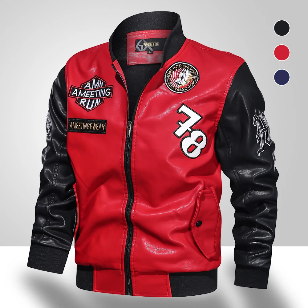 

Men's Embroidery Leather Jacket 2023 New Men Stand Collar Baseball Uniform Jackets Coat Male Winter Warm Bomber Coats Outerwear