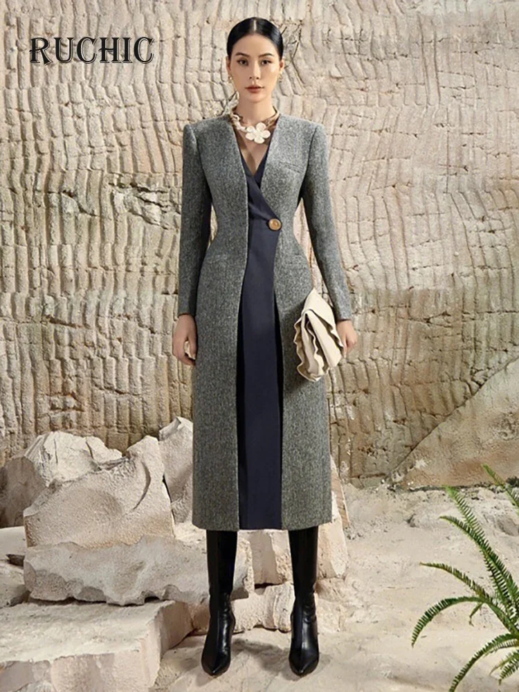 Женский шерстяной тренчкот облегающая ветровка контрастных цветов с V-образным