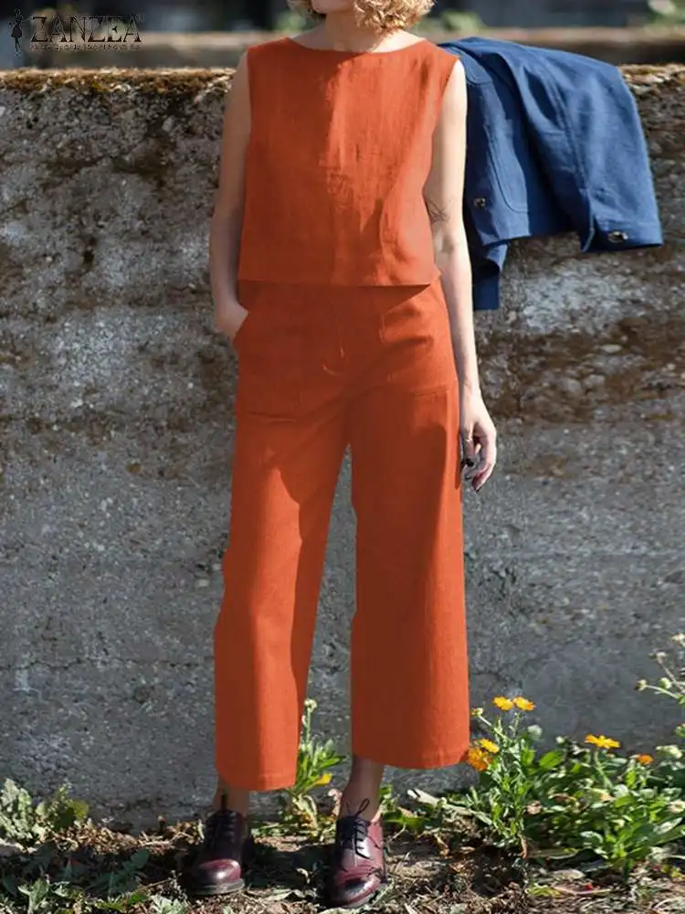 

Fashion Summer Tracksuits Women Matching Sets ZANZEA 2022 Casual Sleeveless Blouse Wide Leg Pants Female Work Outifits 2PCS Suit