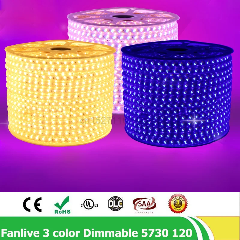 

100m/lot 120leds/m SMD 5730/5630 AC220V 3 Color Change Dimmable LED Strip Blue Warm White Purple Flexible Tape Light Controller