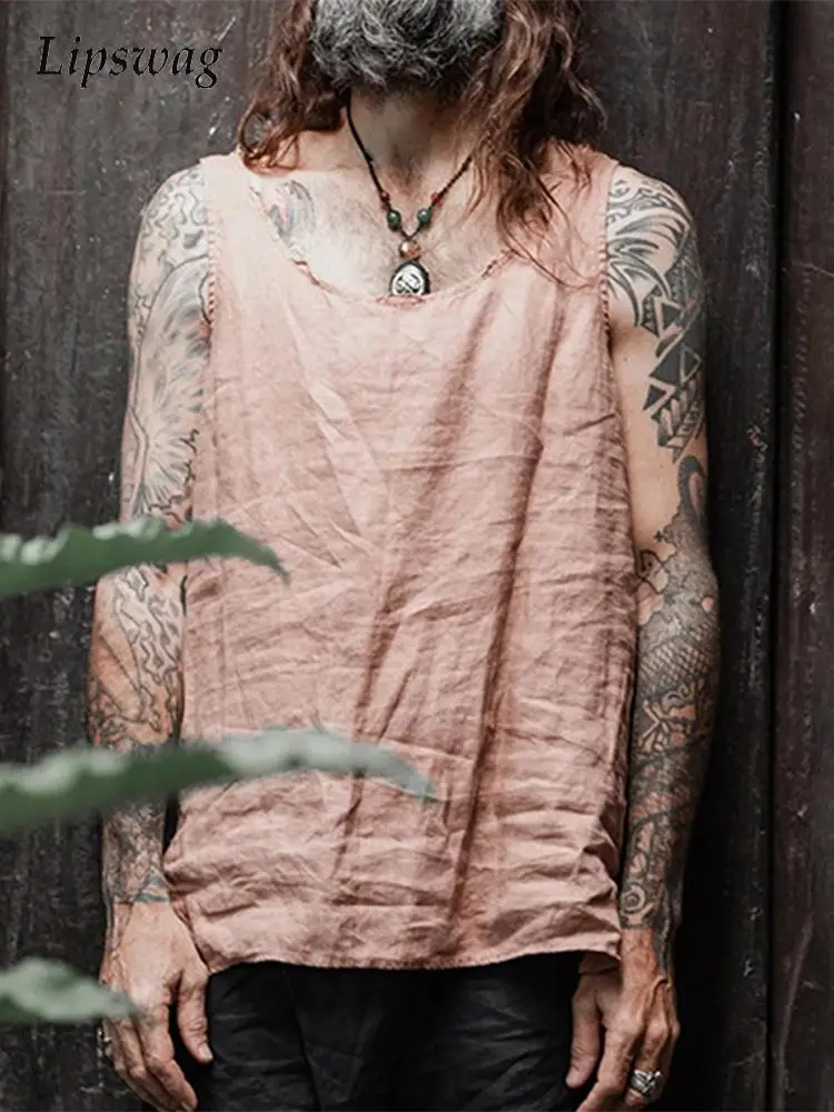 

Винтажные однотонные хлопковые льняные топы, жилеты, мужские летние повседневные свободные пуловеры без рукавов с круглым вырезом, Мужская...