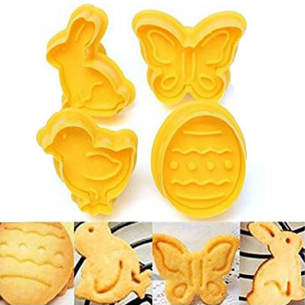 

4Pcs Easter Bunny Pattern Plastic Baking Mold Kitchen Biscuit Cookie Cutter Pastry Plunger 3D Die Fondant Cake Decorating Tools