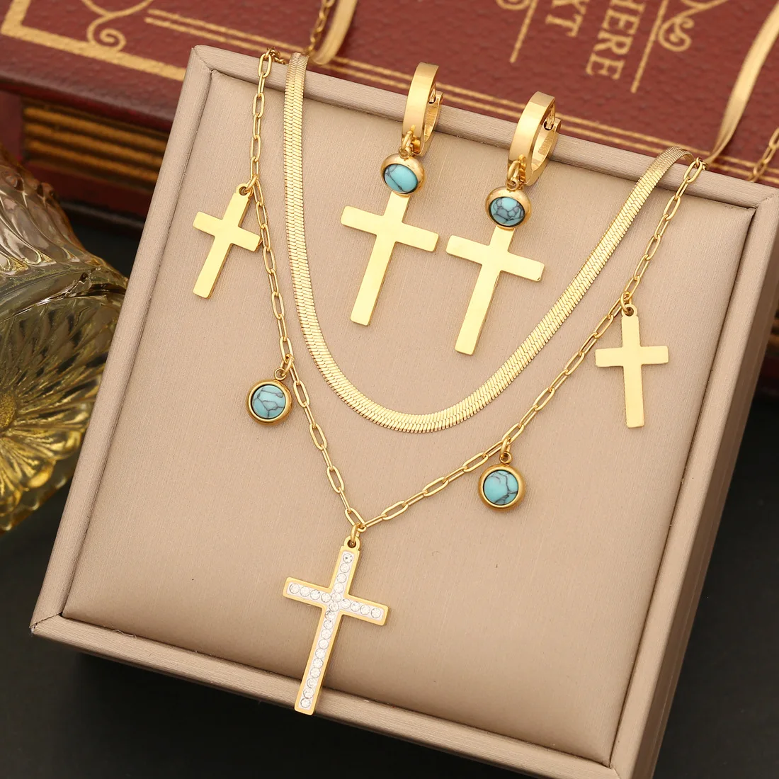 

316L Stainless Steel Cross Pendant Necklace for Women Girls New Fashion 2-Layer Clavicle Chain Jewelry Gift