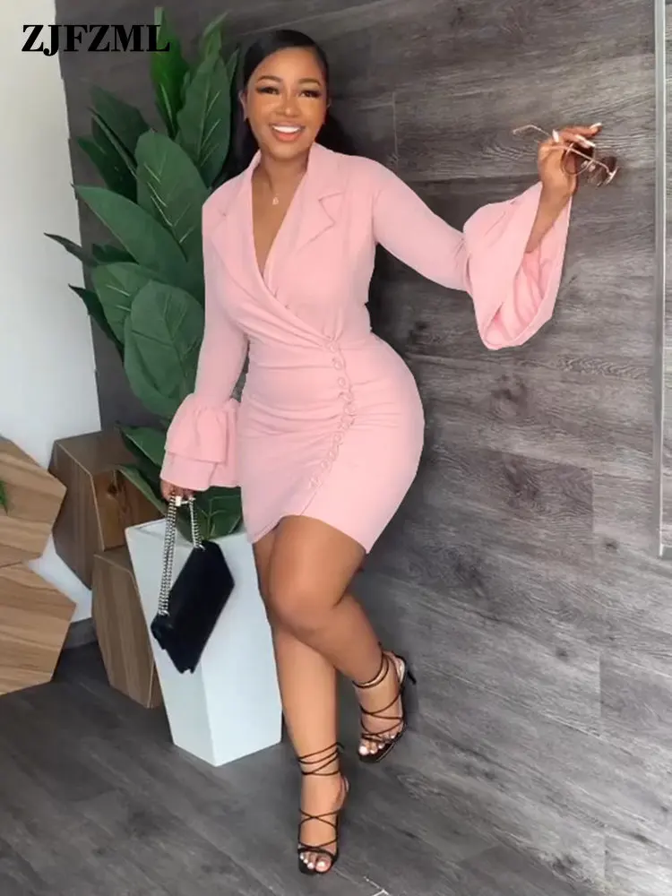 

Elegant Fashion Women's Bodycon Party Dress Classic Nothced Collar Ruffle Long Sleeve Dresses Simple Button Decoretion Vestidos