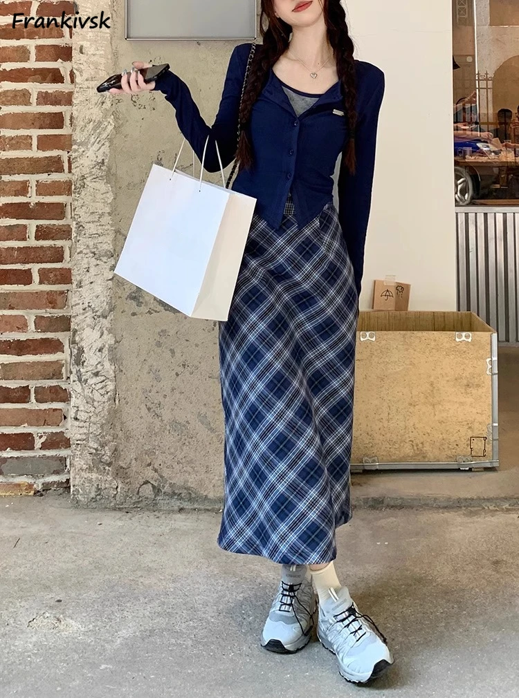 Юбки женские в клетку осенние синие европейском консервативном стиле модные
