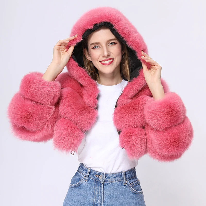 Winter Women Fashion Cropped Sexy Hooded Real Fox Fur Coat Luxury Warm Temperament Plush Outwear Ladies High-end Thick Overcoat
