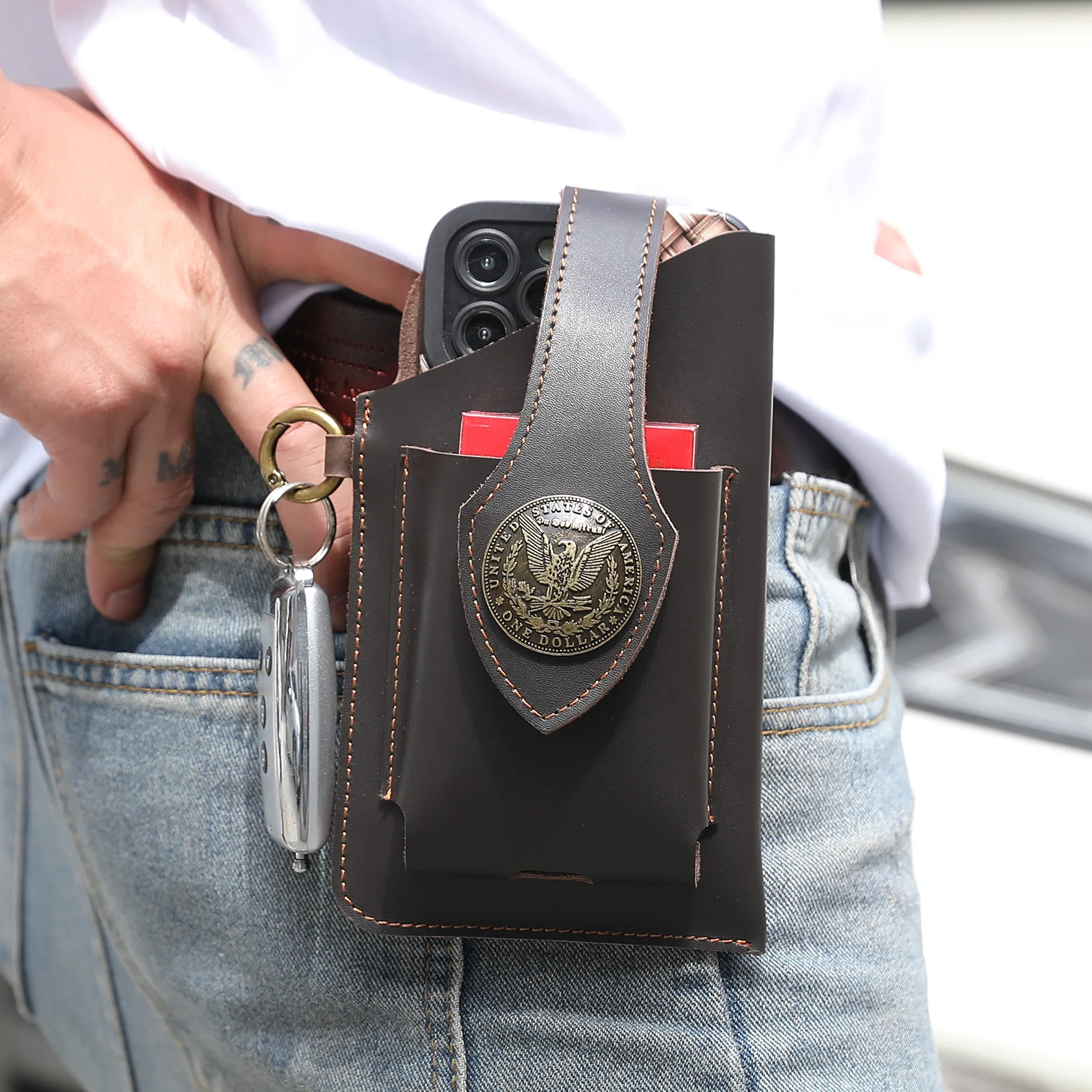 New Mobile Phone Belt Bag Men's Crazy Horse Leather Vintage Wearing Belt Mobile Phone Belt Bag