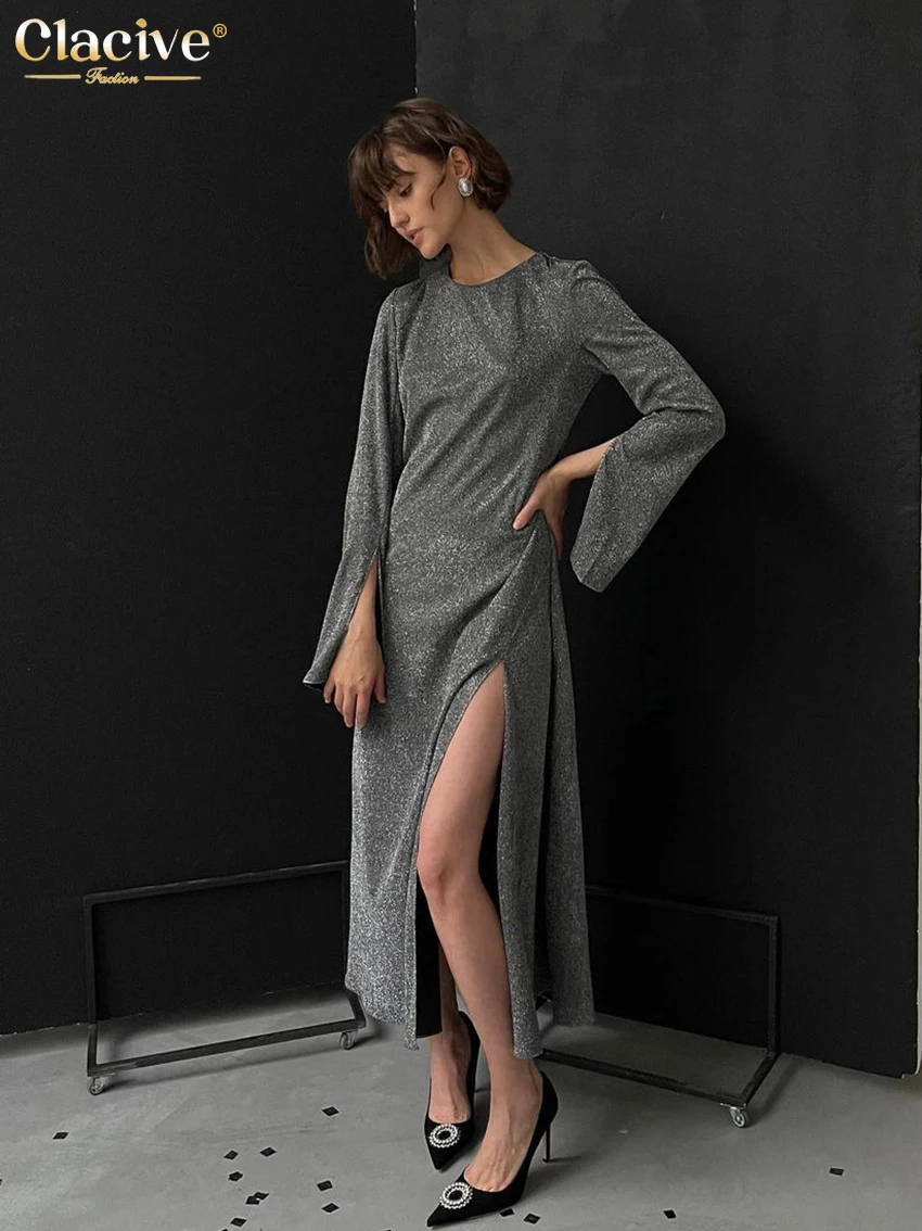 

Clacive Fashion O-Neck Glitter Women'S Dress 2022 Elegant Slim Long Sleeve Midi Dress Ladies Bodycon Slit Party Dresses