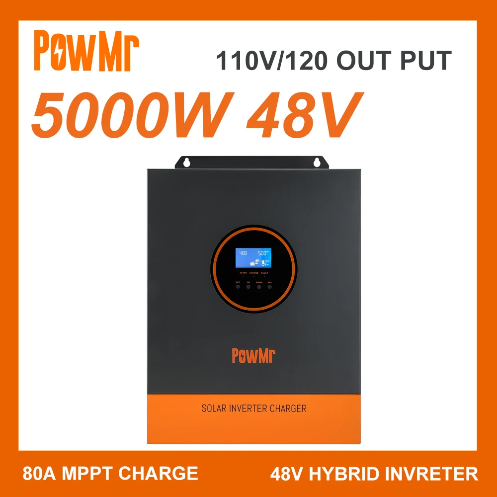 

Однофазный Гибридный солнечный инвертор PowMr, 5000 Вт, 110 В/В переменного тока, чистый синусоидальный сигнал, 48 В постоянного тока, с контроллером заряда солнечной батареи 80 А MPPT