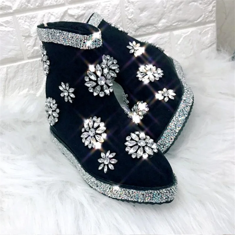 Handmade rhinestone velvet fur boots low round toe cotton boots snow boots large size women's boots 35-44