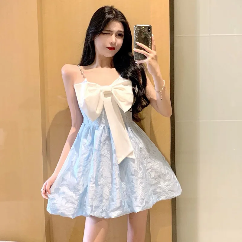 

Sexy Summer Holiday Fairy Mini Dress Cute Girl Princess Slash Neck Big Bowknot Strap Dress Small Girl Slim A Line Party Dress