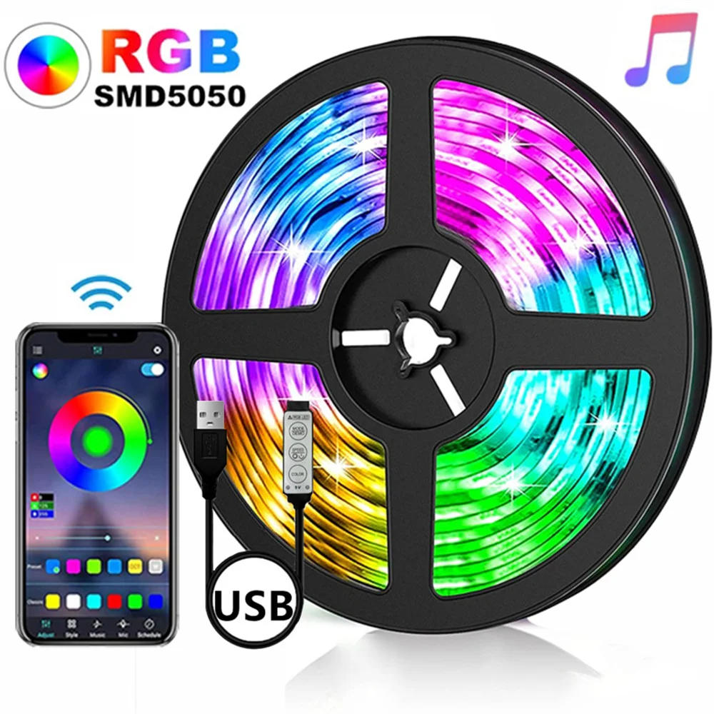 

Светодиодная ленсветильник RGB 5050, 30 м, USB, с управлением через приложение по Bluetooth, 5 в пост. Тока