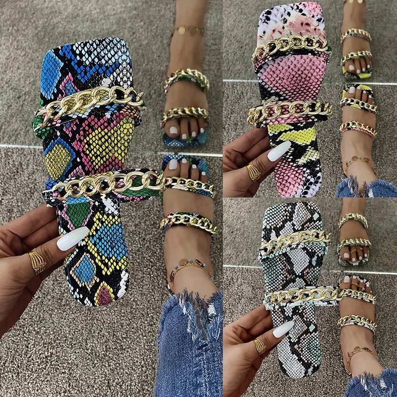 

New Women Serpentine Chain Slippers 2022 Woman Summer Square Toe Flats Plus Size Ladies Casual Slides Female Outdoor Beach Shoes