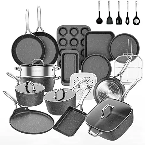 

Pots and Pans Set Nonstick, Induction Granite Coating Cookware Sets 33 Pieces with Frying Pan, Saucepan, Sauté Pan, Griddle Pan