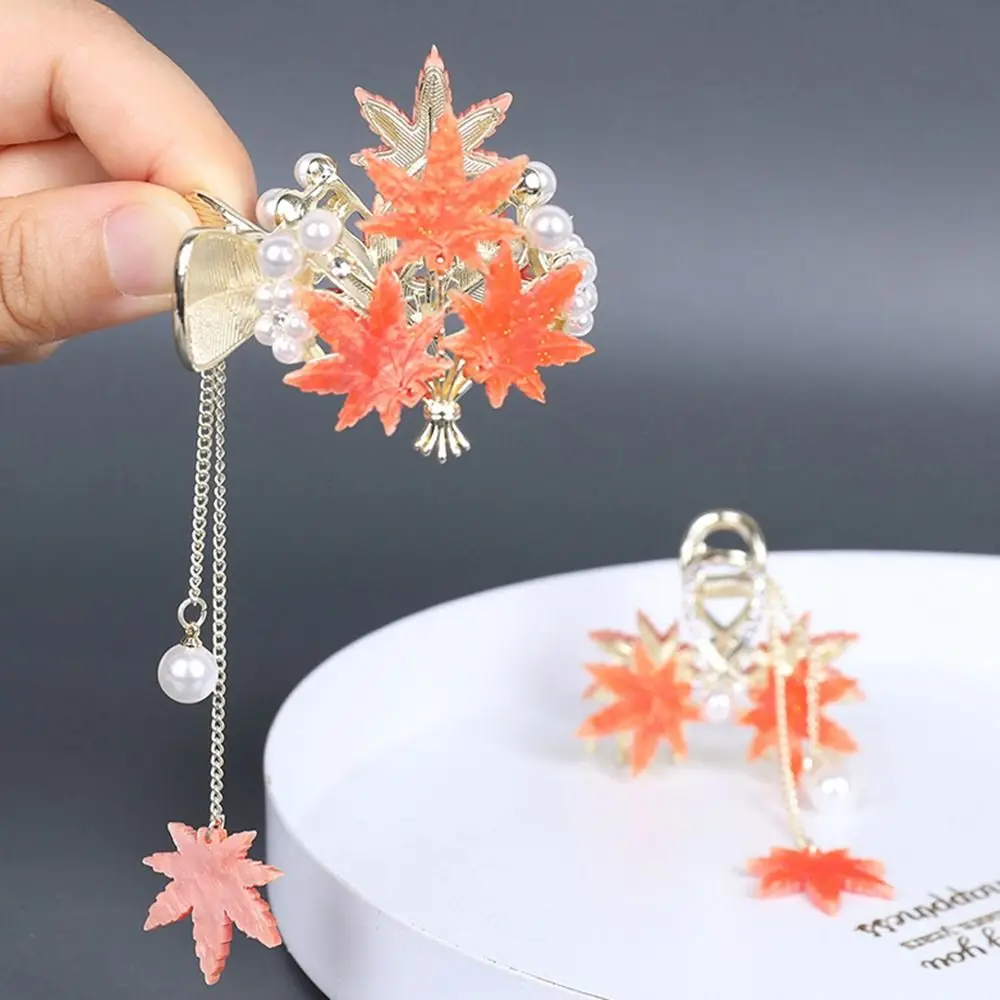 

For Girls Ponytail Holder Hanfu Headdress Pearl Hair Accessories Maple Leaves Hair Claw Ponytail Holder Duckbill Clip