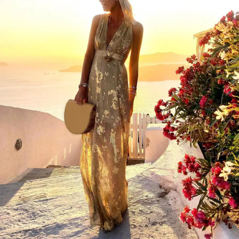 

Maxi Dress Flowy Hem Quick Drying High-waisted Sexy Bronzing Print Vacation Maxi Dress Sexy Dress Female Clothing