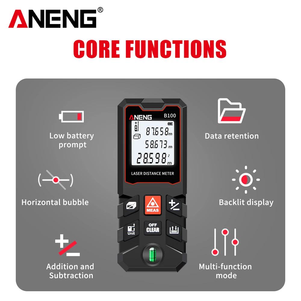 

ANENG B40/60/80/100 Laser Distance Meter Digital Laser Range Finder Distance Area Volume Multimeter Test Tool Measure Device