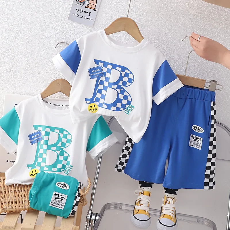 

2023 Summer Kids Toddler Boy Clothing Set Letter B Short Sleeve T-shirt Cotton Shorts Sportwear Suit Infant Baby Boy Outfit Set