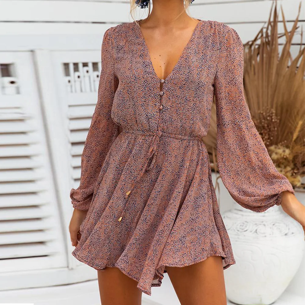 

traf Loose Wide Leg Print Rompers Women Summer Beach Chiffon Jumpsuit New Spring Fashion Long Sleeve Button Romper Dress