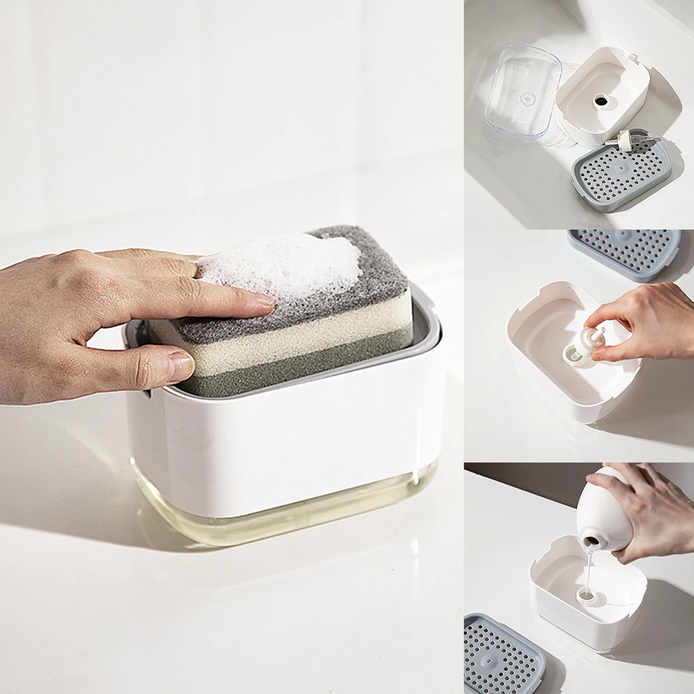 

100ML Multiful Soap Pump Dispenser Box Kitchen Dish Liquid Soap Press Box with Sponge Holder Home Cleaner Container for Kitchen